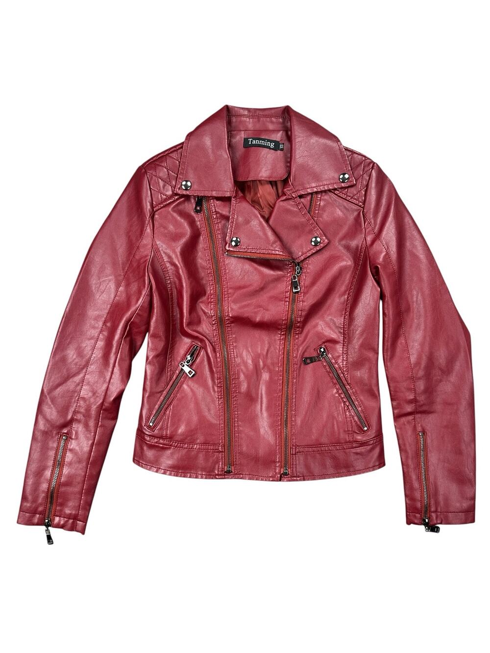 Tanming Faux Leather Jacket Dark Red — Size XS